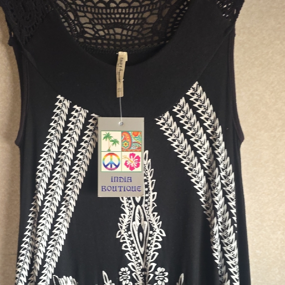 India Boutique Black Tank with Crocheted Yoke and White Boho Print - Picture 3 of 6